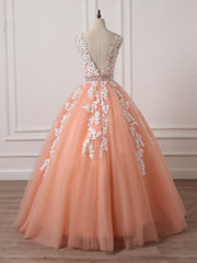 Gorgeous Coral Tulle High Quality V-neck Lace Appliques Beads Party Dress Outfits For Girls, Long Formal Dress