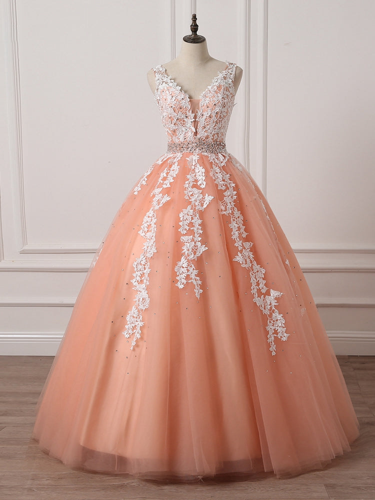 Gorgeous Coral Tulle High Quality V-neck Lace Appliques Beads Party Dress Outfits For Girls, Long Formal Dress