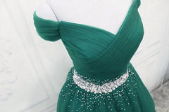 Gorgeous Dark Green Tulle Off Shoulder Long Party Dress Outfits For Girls, Prom Gown