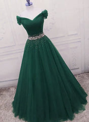 Gorgeous Dark Green Tulle Off Shoulder Long Party Dress Outfits For Girls, Prom Gown