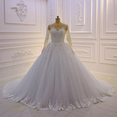 Gorgeous Long A-Line Bateau Pearl Tulle Appliques Lace Wedding Dress Outfits For Women with Sleeves