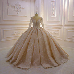 Gorgeous Long Ball Gown Bateau Crystal Wedding Dress Outfits For Women with Sleeves
