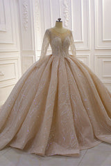 Gorgeous Long Ball Gown Bateau Crystal Wedding Dress Outfits For Women with Sleeves