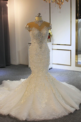 Gorgeous Long Mermaid High Neck Appliques Lace Crystal Tulle Wedding Dress