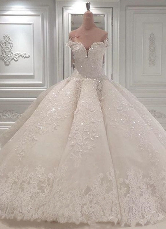 Gorgeous Long Off The Shoulder Beadings Ball Gown Wedding Dress