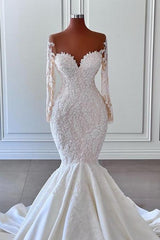 Gorgeous Long Sleeves White Mermaid Bridal Dress Outfits For Women Sweetheart Graden Wedding Dresses