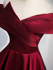 Gorgeous Wine Red Satin Off Shoulder Party Dress Outfits For Women , Wine Red Prom Dresses