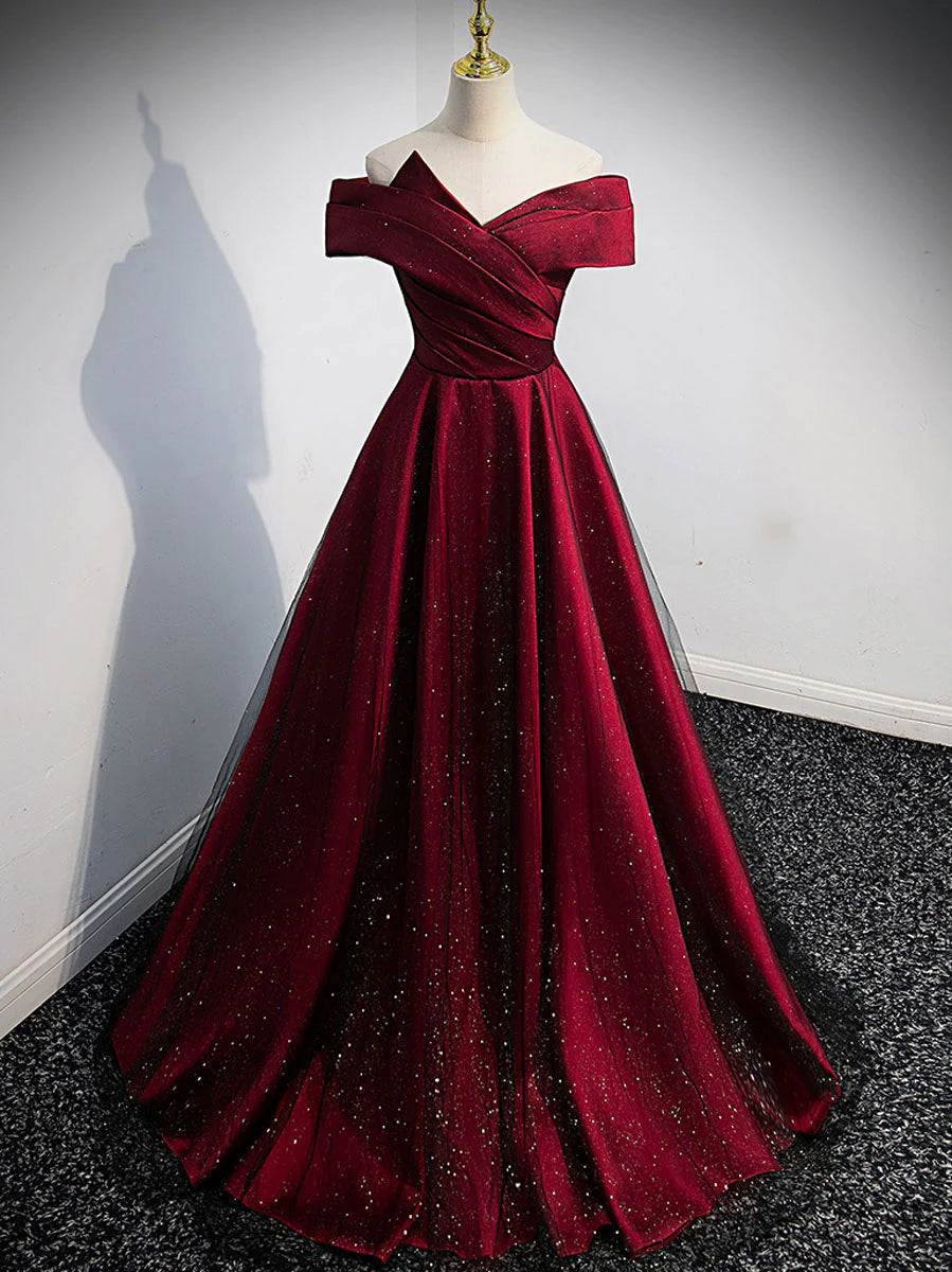 Gorgeous Wine Red Satin Off Shoulder Party Dress Outfits For Women , Wine Red Prom Dresses