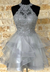 Grey Lace Short Prom Dresses, A-Line Homecoming Dresses