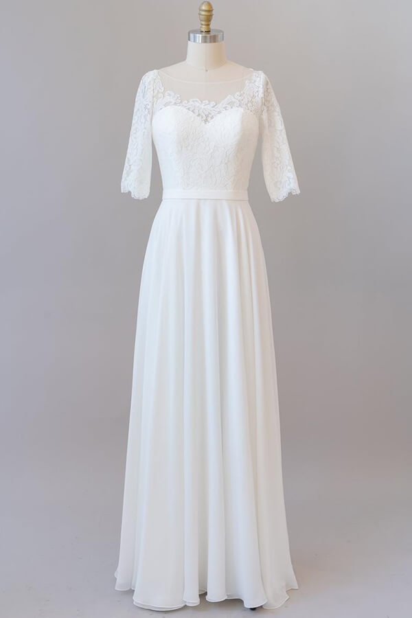 Graceful Long A-line Lace Chiffon Wedding Dress Outfits For Women with Sleeves