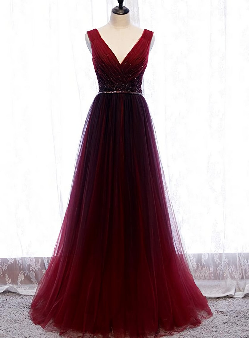 Gradient Beaded Wine Red Tulle Long Party Dress Outfits For Girls, A-line Wine Red Prom Formal Dresses