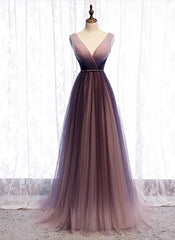 Gradient V-neckline Tulle Long Prom Dress Outfits For Women Party Dress Outfits For Girls, Gradient Evening Gown