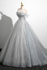 Gray A-Line Off the Shoulder Tulle Prom Dress Outfits For Girls, Lovely Corset Floor Length Party Dress