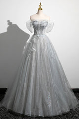 Gray A-Line Off the Shoulder Tulle Prom Dress Outfits For Girls, Lovely Corset Floor Length Party Dress