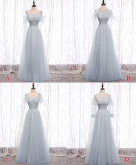 Gray A line Tulle Long Prom Dress Outfits For Girls, Gray Formal Bridesmaid Dress