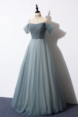 Gray Blue Spaghetti Strap Tulle Floor Length Prom Dress Outfits For Girls, Off Shoulder Evening Party Dress
