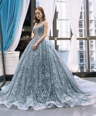 Gray Blue Tulle Lace Long Prom Dress Outfits For Women Gray Blue Lace Evening Dress