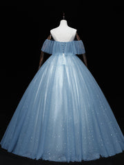 Gray Blue Tulle Off Shoulder Long Prom Dress Outfits For Girls, Blue Tulle Formal Dresses
