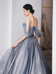 Gray Blue Tulle Tea Length Prom Dress Outfits For Girls, Blue A line Formal Dresses