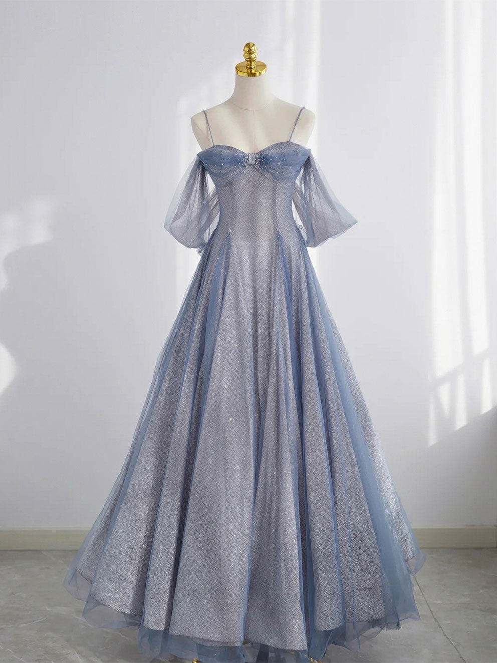 Gray Blue Tulle Tea Length Prom Dress Outfits For Girls, Blue A line Formal Dresses