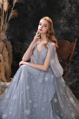 Gray Dandelion Lace V-neck Beading Back Prom Dresses