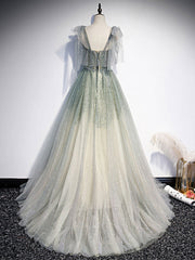 Gray Green Tulle Sequin Beads Long Prom Dress Outfits For Girls, Green Evening Dress
