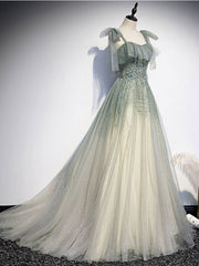 Gray Green Tulle Sequin Beads Long Prom Dress Outfits For Girls, Green Evening Dress