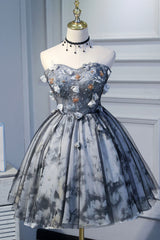 Gray Lace Strapless Short Prom Dress Outfits For Girls, A-Line Sweetheart Neckline Party Dress