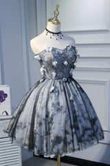 Gray Lace Strapless Short Prom Dress Outfits For Girls, A-Line Sweetheart Neckline Party Dress