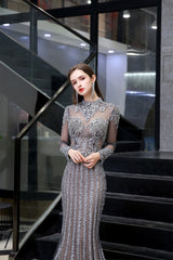 Gray Long Sleeve Mermaid Prom Dresses With Sequins High-Neck Prom Dresses