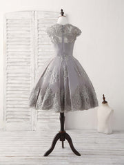 Gray Round Neck Lace Short Prom Dress Outfits For Women Gray Bridesmaid Dress