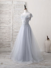 Gray Round Neck Lace Tulle Long Prom Dress Outfits For Girls, Gray Evening Dress