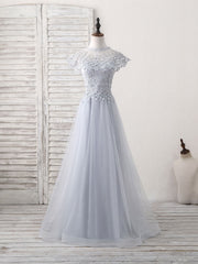 Gray Round Neck Lace Tulle Long Prom Dress Outfits For Girls, Gray Evening Dress
