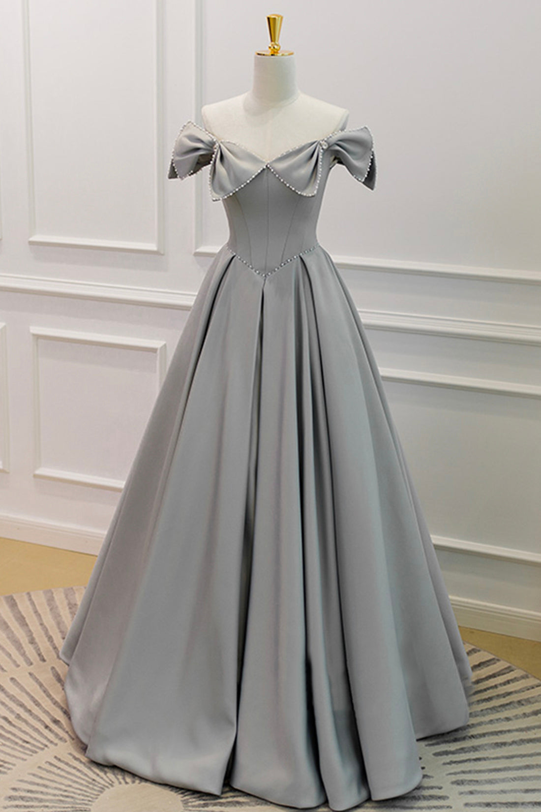 Gray Satin Floor Length Formal Dress Outfits For Women with Pearls, Cute A-Line Prom Dress