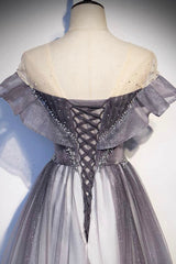 Gray Scoop Neckline Tulle Long Formal Dress Outfits For Girls, A-Line Evening Graduation Dress
