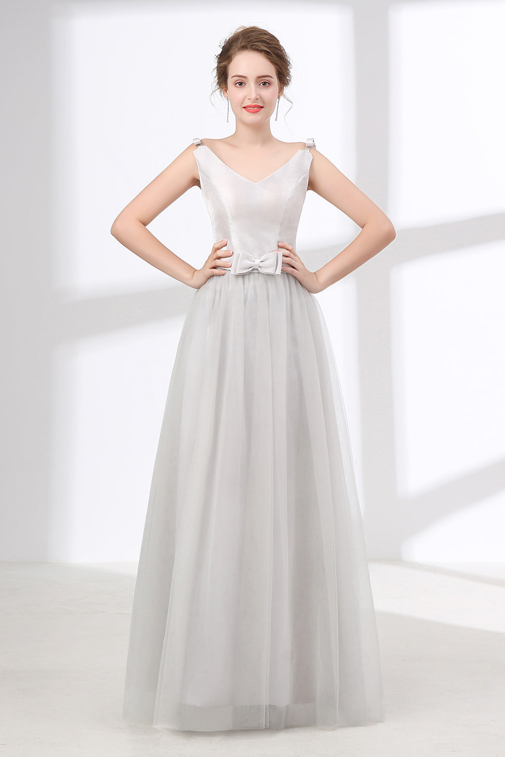 Gray Silver V Neck Tulle Prom Dresses