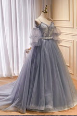Gray Spaghetti Strap Lace Long Prom Dress Outfits For Girls, Off the Shoulder Evening Party Dress