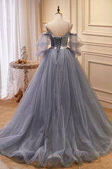 Gray Spaghetti Strap Lace Long Prom Dress Outfits For Girls, Off the Shoulder Evening Party Dress