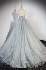 Gray Strapless Long Formal Dress Outfits For Girls, Gray Tulle Evening Dress Outfits For Women Party Dress
