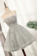 Gray Strapless Tulle Short Prom Dress Outfits For Women with Sequins, Cute A-Line Party Dress