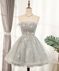 Gray Sweetheart Lace Tulle Short Prom Dress Outfits For Women Gray Homecoming Dress