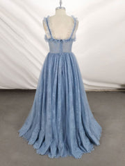 Gray Sweetheart Neck Tulle Lace Long Prom Dress Outfits For Women Blue Formal Dress