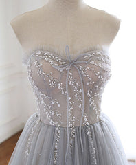 Gray Sweetheart Tulle Beads Long Prom Dress Outfits For Women Gray Tulle Formal Dress