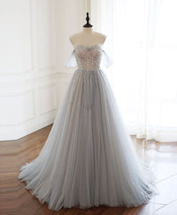Gray Sweetheart Tulle Beads Long Prom Dress Outfits For Women Gray Tulle Formal Dress