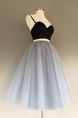 Gray Tulle Charming A-Line Two-Piece Short Homecoming Dress Outfits For Girls,Cocktail Dress