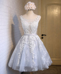 Gray Tulle Lace Applique Short Prom Dress Outfits For Girls, Gray Homecoming Dresses