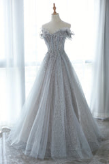 Gray Tulle Lace Floor Length Evening Dress Outfits For Girls, Off the Shoulder Prom Dress