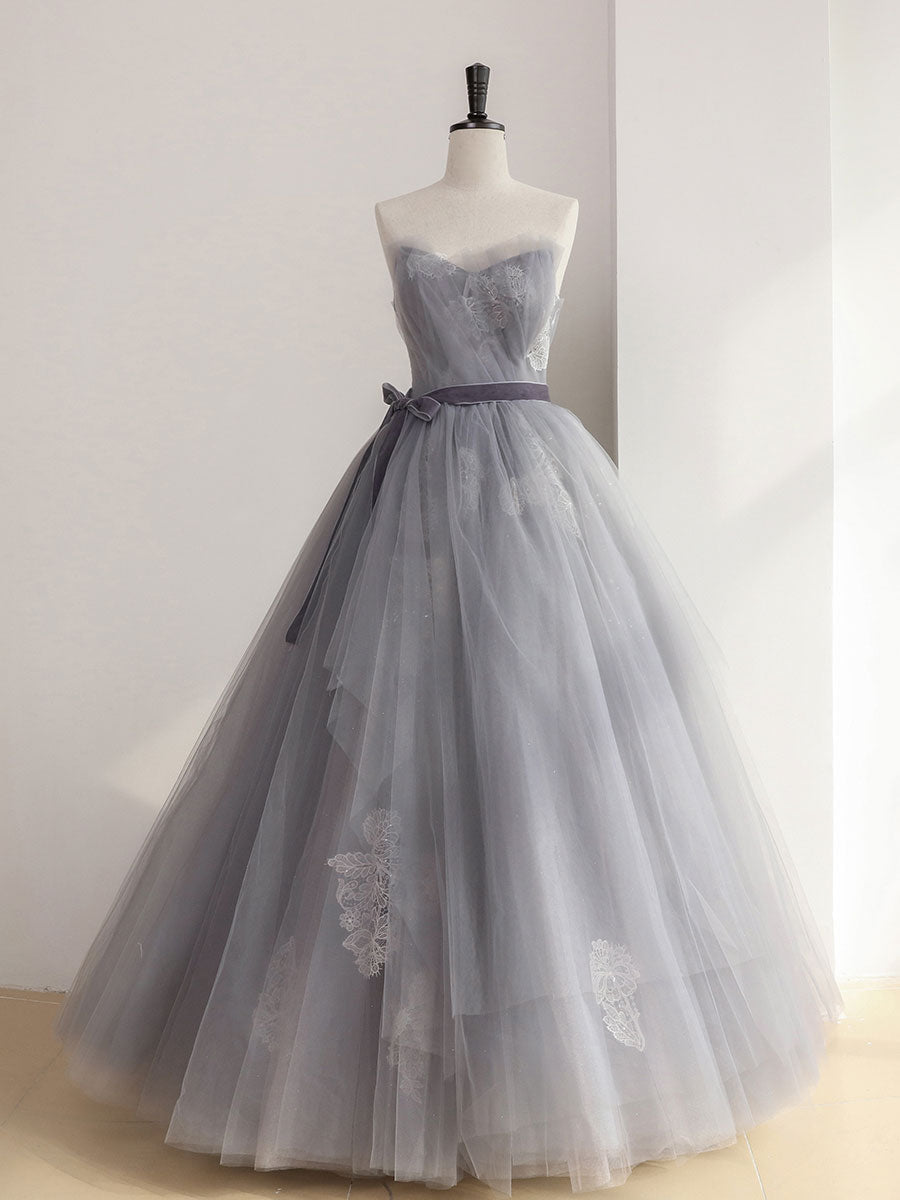 Gray Tulle Lace Long Prom Dress Outfits For Girls, Gray Ball Gown Formal Dresses