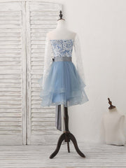 Gray Tulle Lace Short Prom Dress Outfits For Girls, Gray Tulle Prom Dress