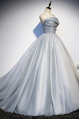 Gray Tulle Long A-Line Prom Dress Outfits For Girls, Gray Strapless Formal Evening Gown